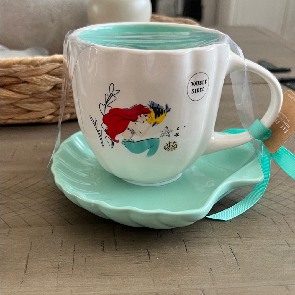 Rae Dunn Ariel White Mug with Seafoam Saucer. Under the Sea. New no tags.